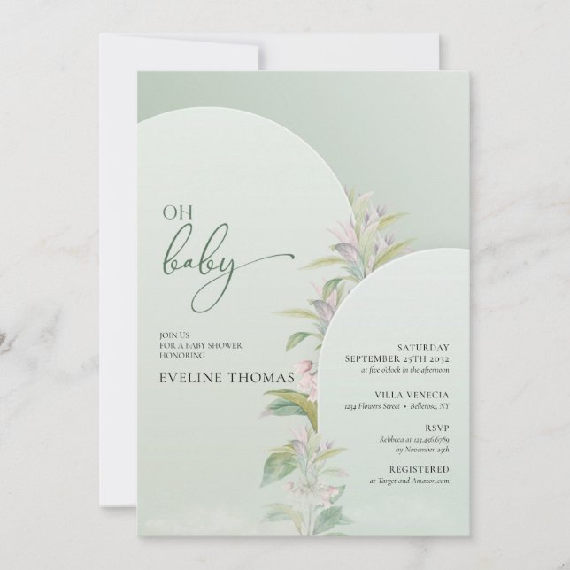Invitación folaige verde boho floral ruidoso oh bebé (Anverso)