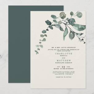 Invitación Folaje Verde Azul y Crema Boda Novia Padres