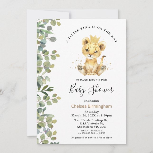 Invitación Foliag verde moderno Baby Lion Baby Shower (Anverso)