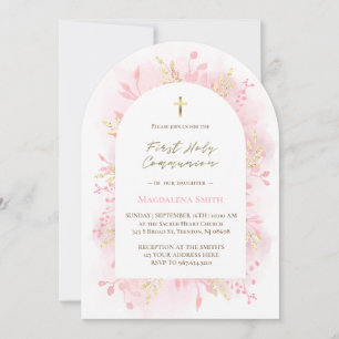 Invitación foliage acuarela rosa Primera Comunión