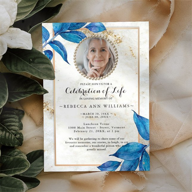 Invitación Foliage azul - Celebración de la vida por la foto  (Subido por el creador)
