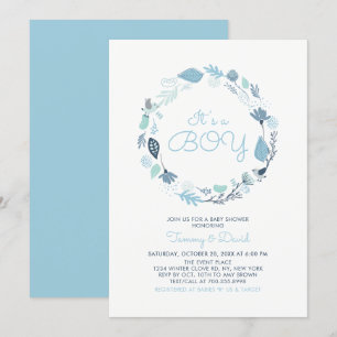 Invitación Foliage azul Cute Boy Parejas Baby Shower