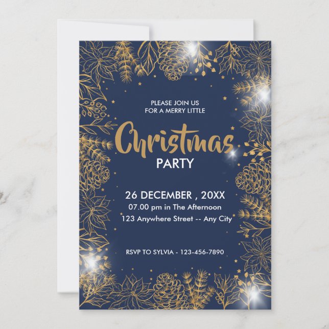 Invitación Foliage azul marino y oro Fiesta navideño (Anverso)