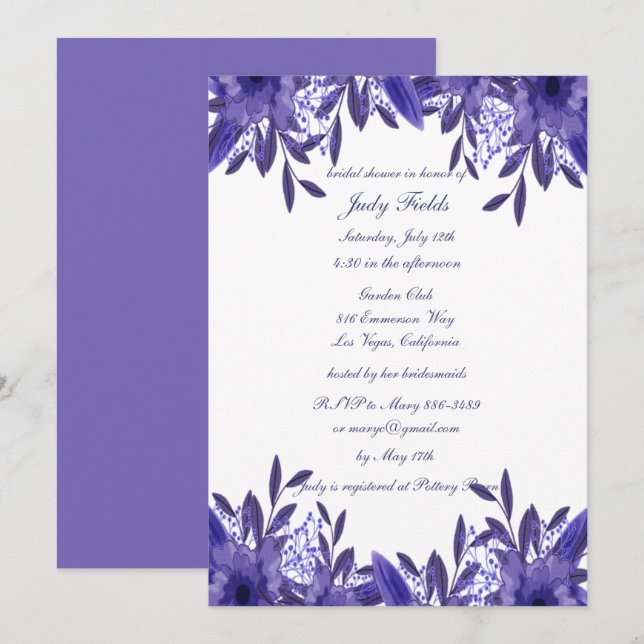 Invitación Foliage azul morado ducha de novia (Anverso / Reverso)