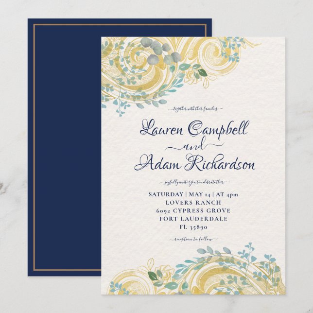 Invitación Foliage azul y crema de la marina dorada (Anverso / Reverso)