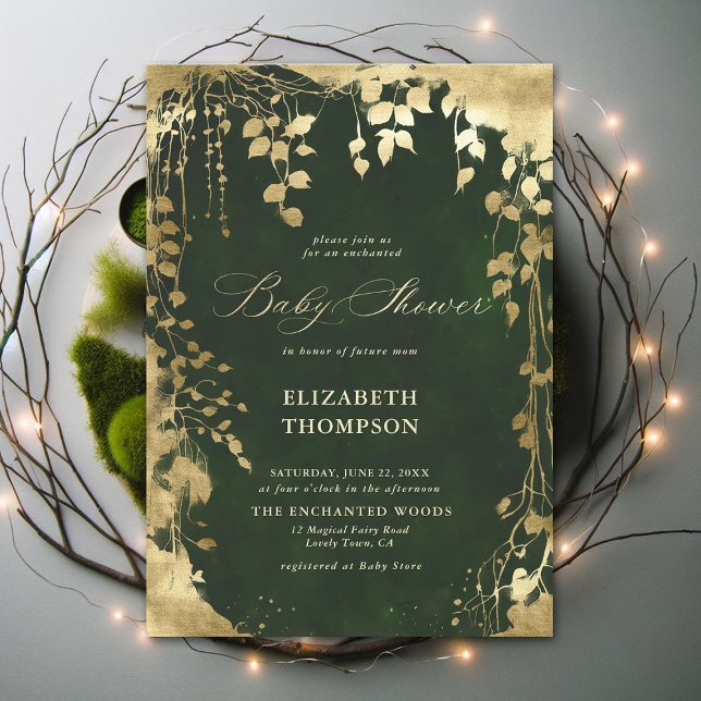 Invitación Foliage Baby Shower con marco de oro forestal enca (Enchanted Forest Hunter Green Greenery Frame Modern Calligraphy Neutral Baby Shower Invitation)