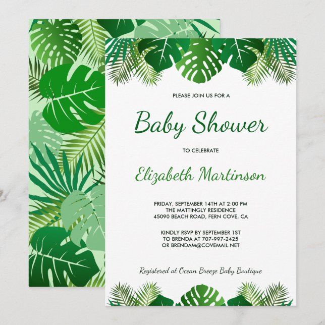 Invitación Foliage Baby Shower de hojas tropicales (Anverso / Reverso)