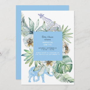 Invitación Foliage Blue Jungle Animals Baby Shower