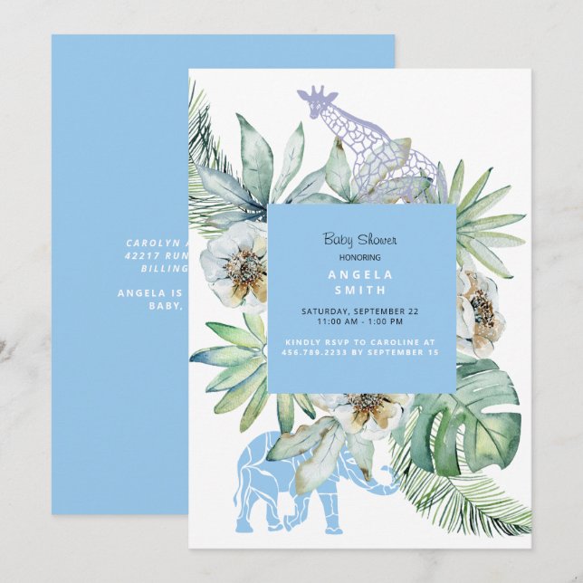 Invitación Foliage Blue Jungle Animals Baby Shower (Anverso / Reverso)