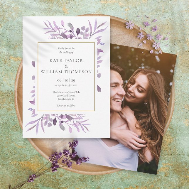 Invitación Foliage Boda de fotografía de oro de lavanda morad (Subido por el creador)