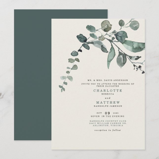 Invitación Foliage Boda Verde azulado y crema de novias (Anverso / Reverso)