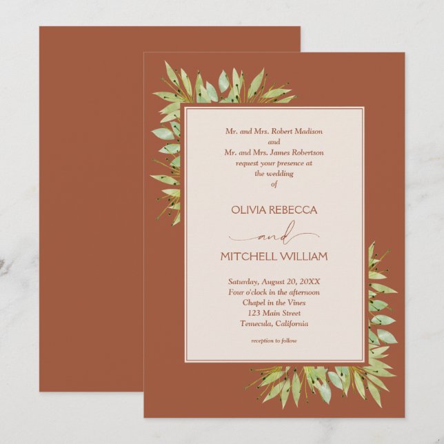Invitación Foliage botánico Terracotta Boda (Anverso / Reverso)