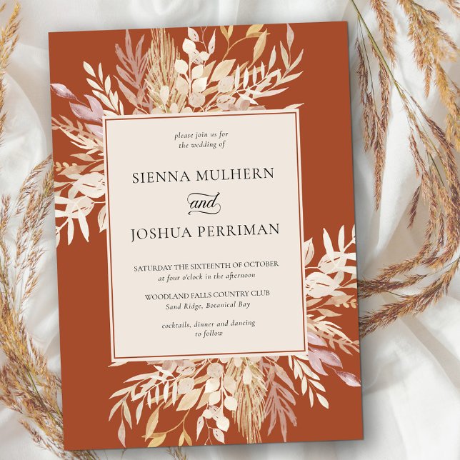 Invitación Foliage botánico Terracotta Cream Boda (Terracotta wedding invitation with neutral fall foliage and stylish framed design)