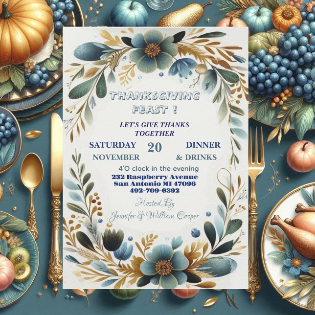 Invitación Foliage Botánico Verde Festín de Acción de Gracias (Green Botanical Foliage Autumn Thanksgiving Feast Invitation)