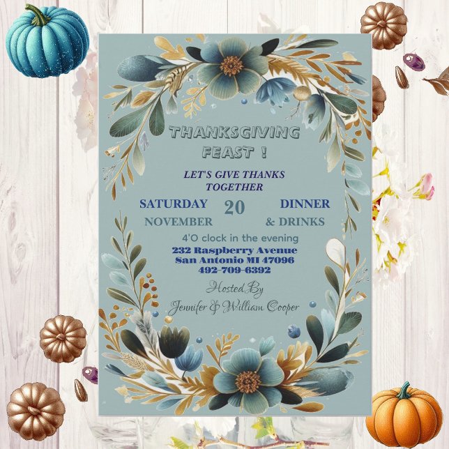Invitación Foliage Botánico Verde Festín de Acción de Gracias (Green Botanical Foliage Autumn Thanksgiving Feast Invitation)