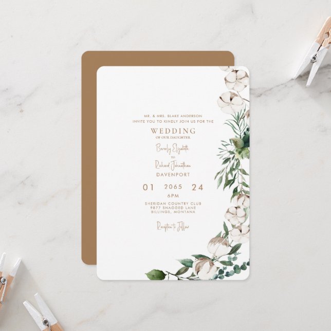 Invitación Foliage & Cotton Boda con redondeo de oro moderno (Anverso/Reverso In Situ)