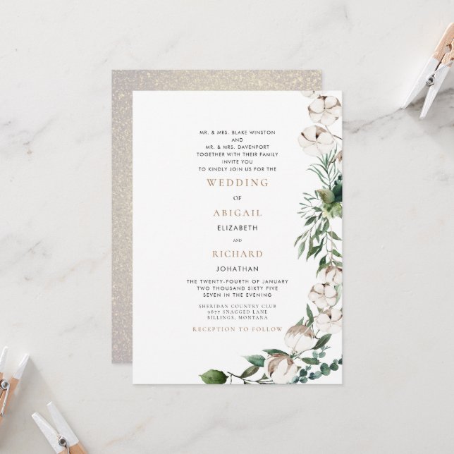 Invitación Foliage & Cotton Boda de ambos conjuntos de padres (Anverso/Reverso In Situ)