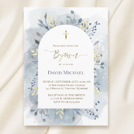Invitación foliage de acuarela azul Bautismo