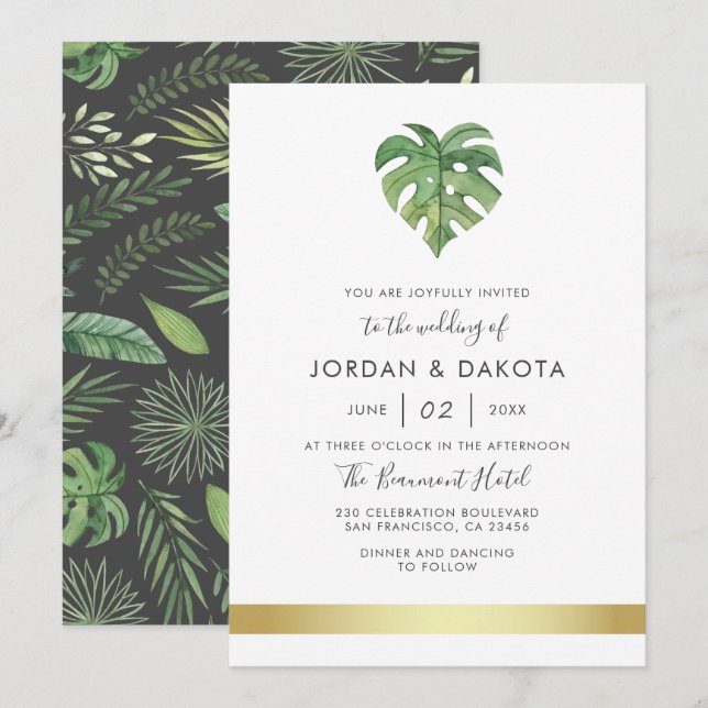 Invitación Foliage de acuarela tropical | Boda de oro moderno (Anverso / Reverso)
