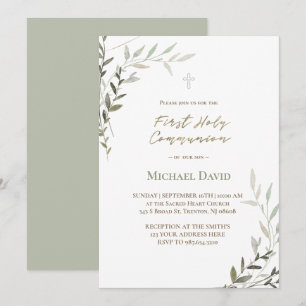 Invitación foliage de acuarela verde Primera Comunión