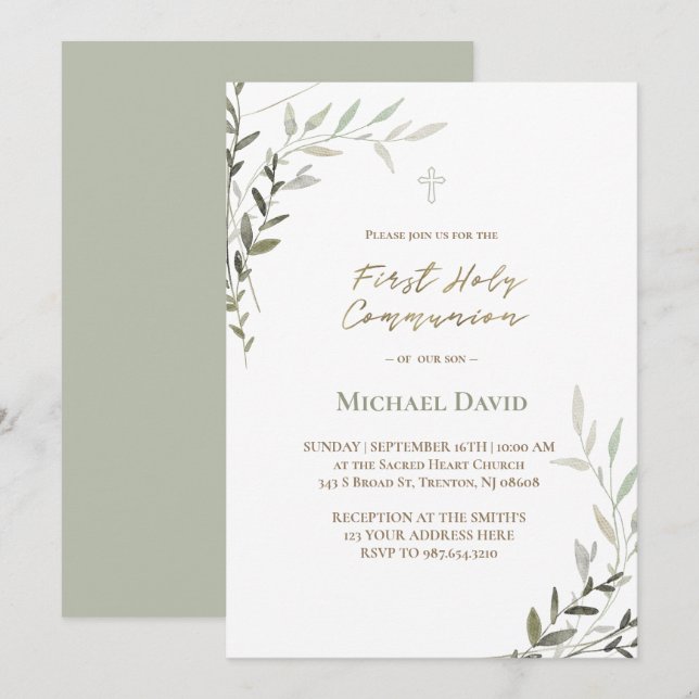 Invitación foliage de acuarela verde Primera Comunión (Anverso / Reverso)