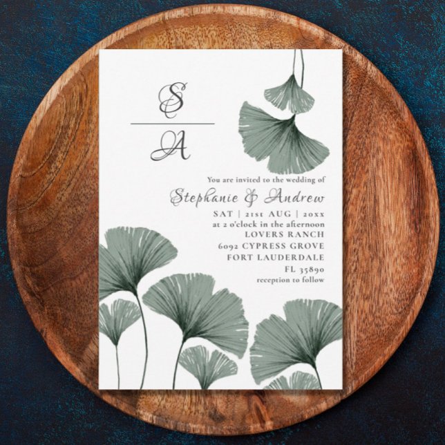 Invitación Foliage de color agua Sage Green Gingko Boda (Subido por el creador)