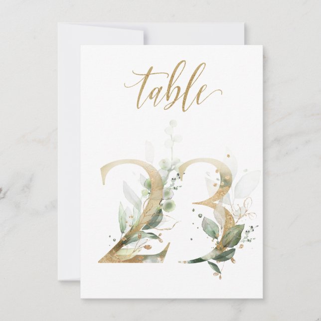 Invitación Foliage de color de agua verde y oro, número de ta (Anverso)