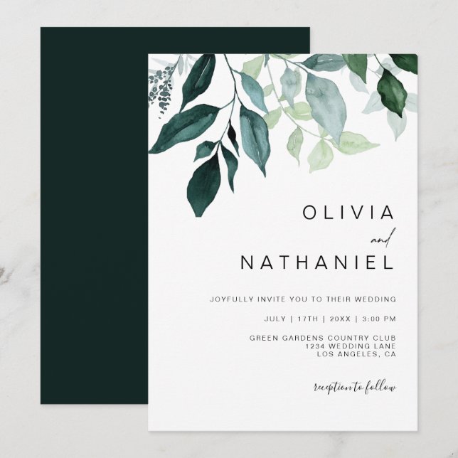 Invitación Foliage de Emerald Greenery deja Boda botánico (Anverso / Reverso)