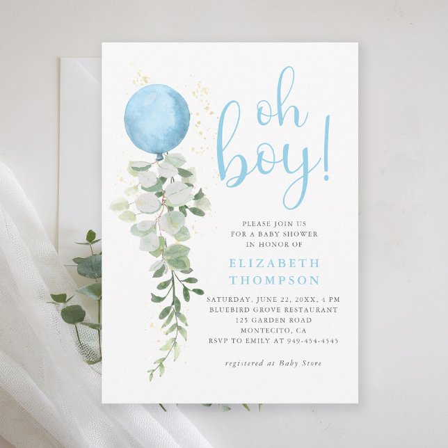 Invitación Foliage de Eucalyptus Blue Balloon Oh Boy Baby Sho (oh boy baby shower invitation blue balloon eucalyptus greenery watercolor blue calligraphy elegant)
