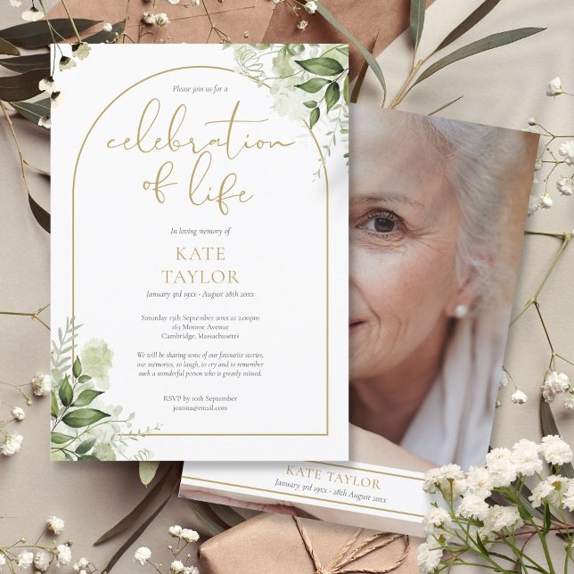 Invitación Foliage de Gold Arch Foto Celebración de la Vida (Gold Arch Foliage Photo Celebration of Life Invitation)