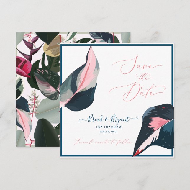 Invitación Foliage de Goma Azul Oscuro Pink Pastel Pink (Anverso / Reverso)