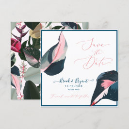 Invitación Foliage de Goma Azul Oscuro Pink Pastel Pink