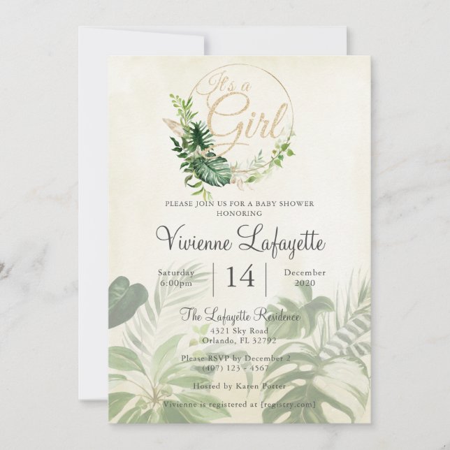 Invitación Foliage de hojas tropicales es un Baby Shower Chic (Anverso)
