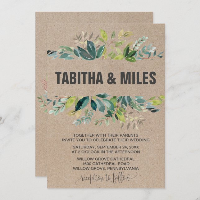 Invitación Foliage de Kraft con Boda de embutido de correa de (Anverso / Reverso)