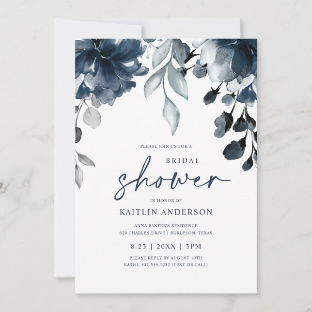 Invitación Foliage de la Marina Blue Bridal Shower Floral Gre (Anverso)