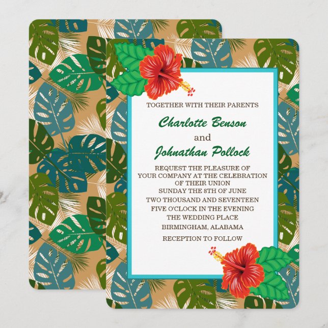 Invitación Foliage de la selva hawaiana Hibiscus Flower Boda (Anverso / Reverso)