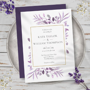Invitación Foliage de lavanda morada Boda de oro elegante