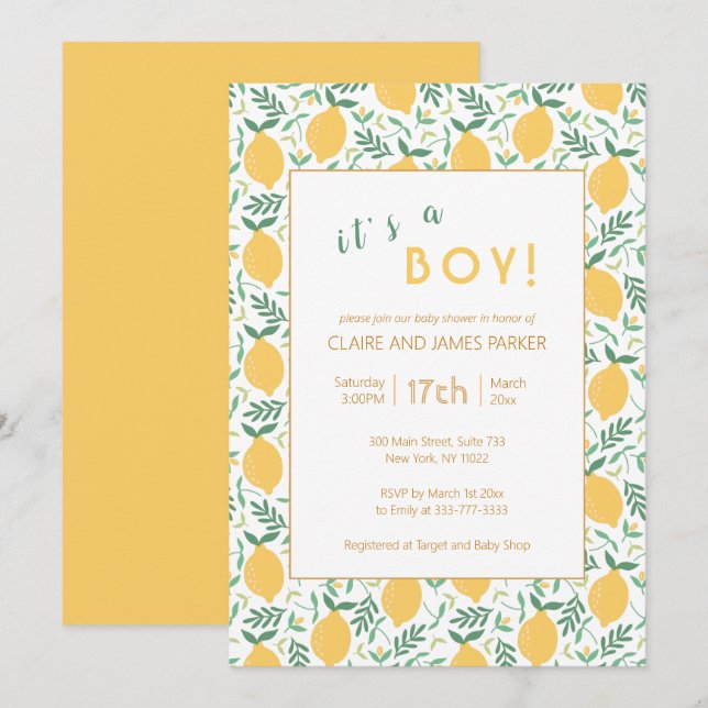 Invitación Foliage de limón amarillo | Bebé Boy Shower (Anverso / Reverso)