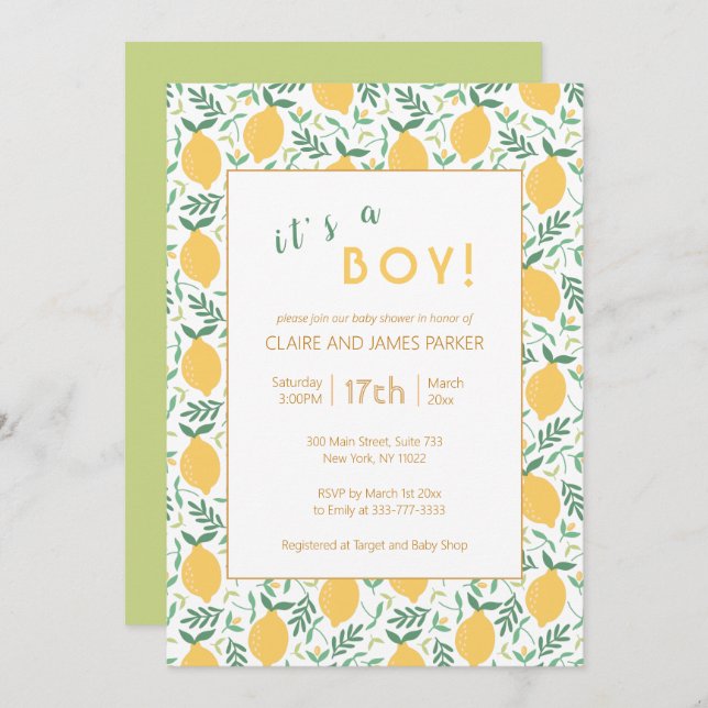 Invitación Foliage de limón amarillo | Bebé Boy Shower (Anverso / Reverso)