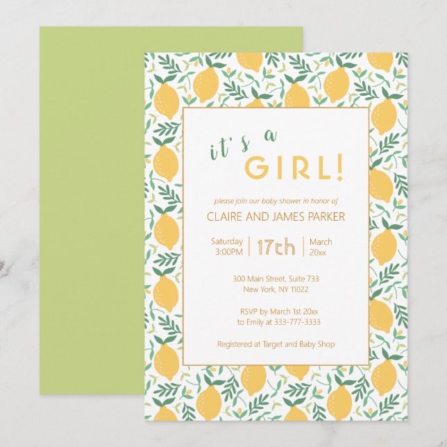 Invitación Foliage de limón amarillo | Bebé Girl Shower (Anverso / Reverso)