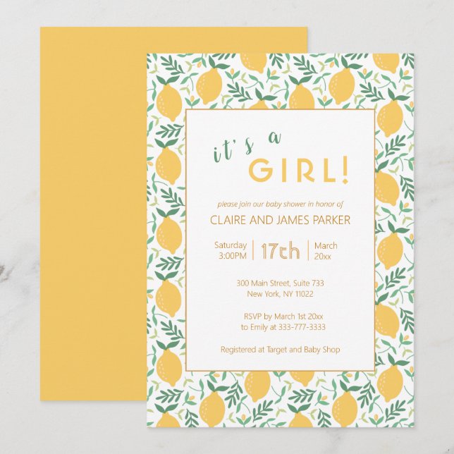 Invitación Foliage de limón amarillo | Bebé Girl Shower (Anverso / Reverso)