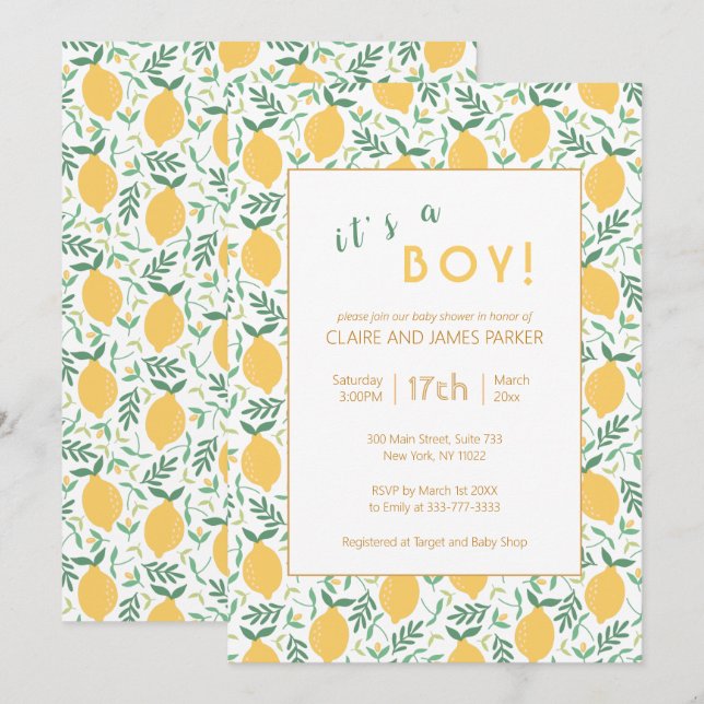 Invitación Foliage de limón amarillo | Boy Baby Shower (Anverso / Reverso)