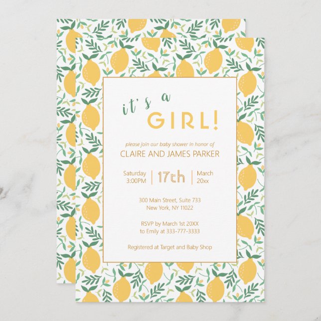 Invitación Foliage de limón amarillo | CHICA BABY SHOWER (Anverso / Reverso)