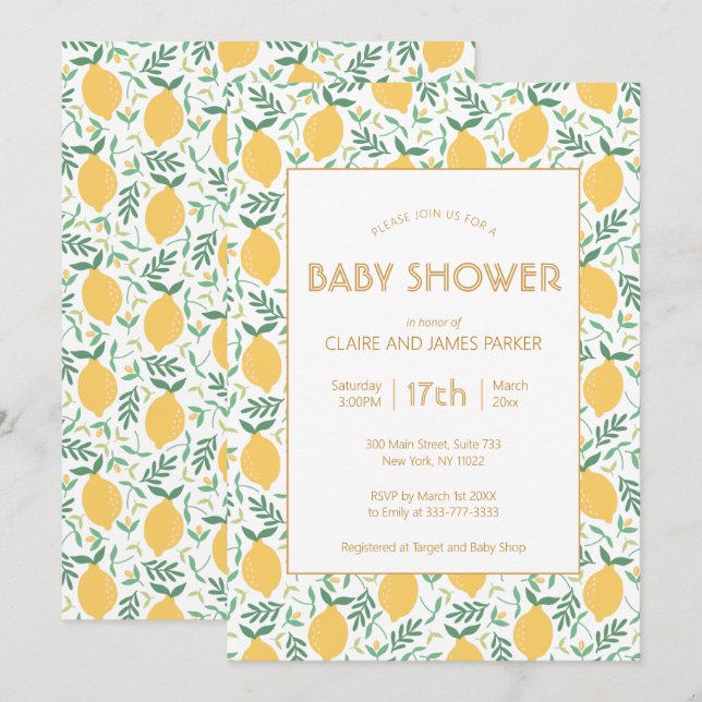 Invitación Foliage de limón amarillo lindo Baby Shower (Anverso / Reverso)