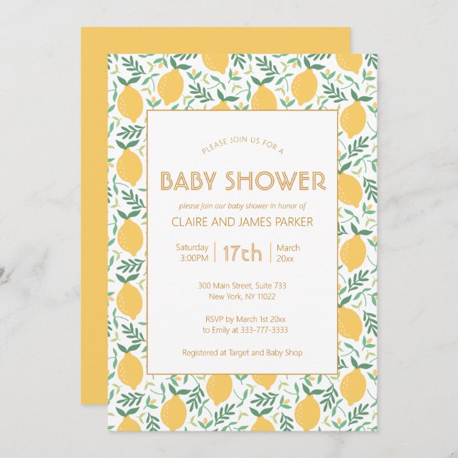 Invitación Foliage de limón amarillo lindo Baby Shower (Anverso / Reverso)