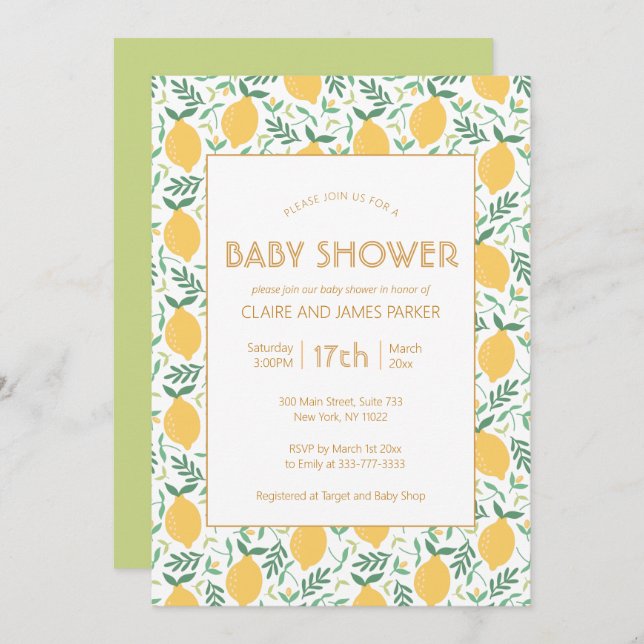 Invitación Foliage de limón amarillo lindo Baby Shower (Anverso / Reverso)