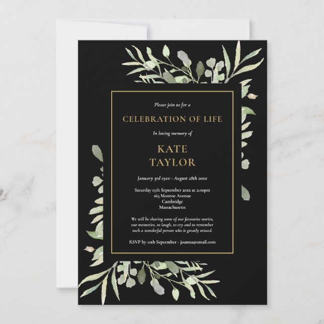 Invitación Foliage de oro negro celebra funeral de vida (Anverso)