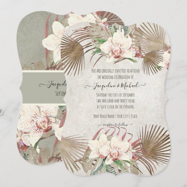 Invitación Foliage de Palmilla Floral Orquídea Tropical (Anverso / Reverso)