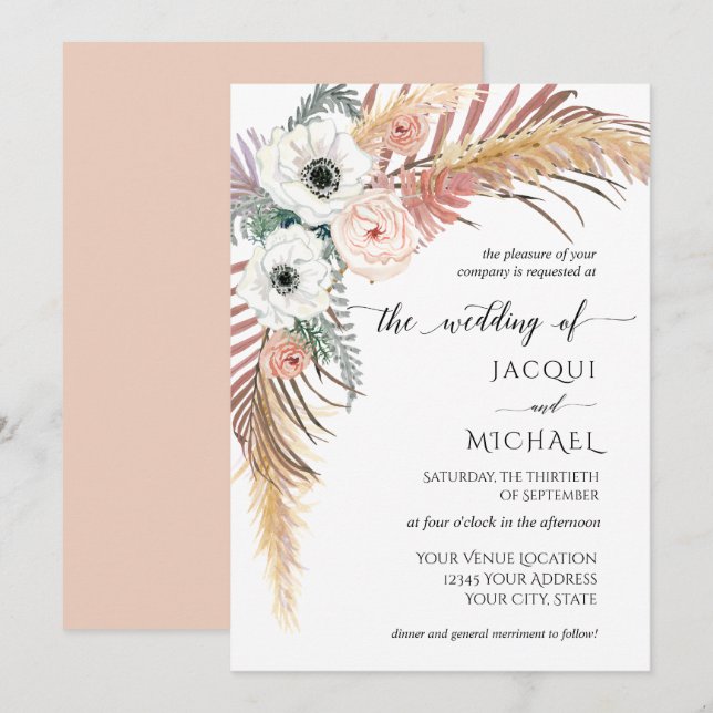 Invitación Foliage de pampas de palma de grano blanco Boho Ru (Anverso / Reverso)