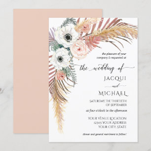 Invitación Foliage de pampas de palma de grano blanco Boho Ru